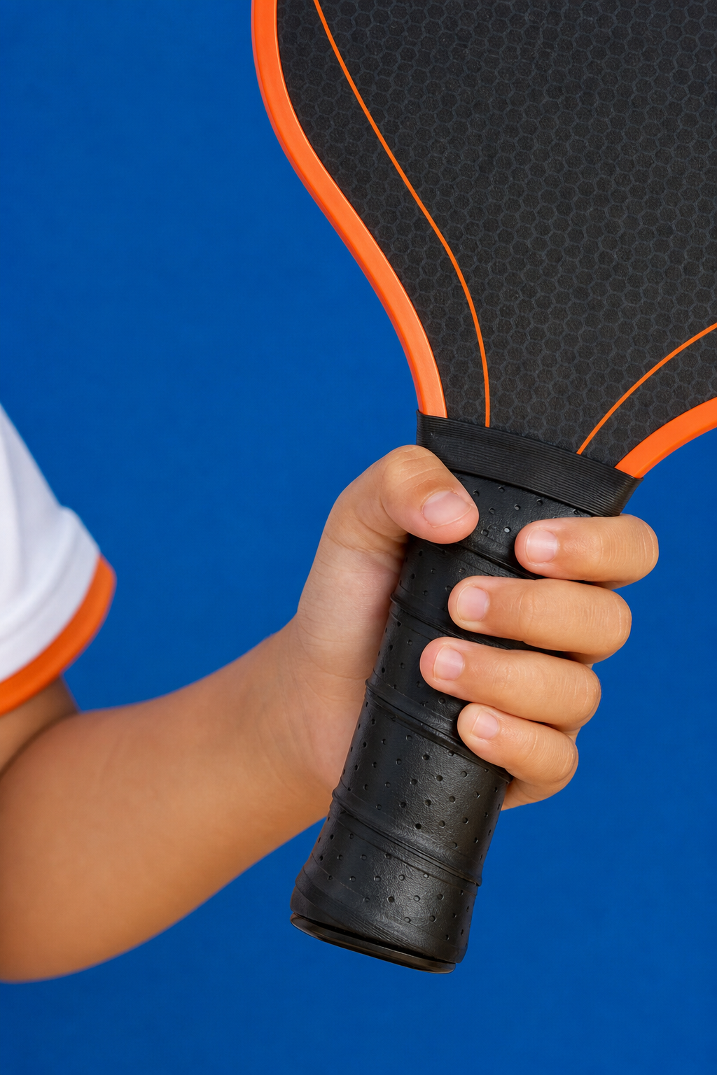 Close-up of a child's hand gripping a pickleball paddle, showing the correct gap between fingers and palm. Bright, clear photo against a solid background. Alt: Child's hand correctly gripping a junior pickleball paddle with proper fit.