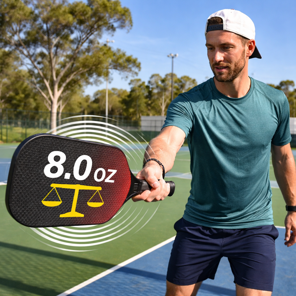 A realistic photo of a player on an outdoor Australian pickleball court, swinging a paddle, with a focus on the paddle weight and motion. Alt: Australian player testing paddle weight on court