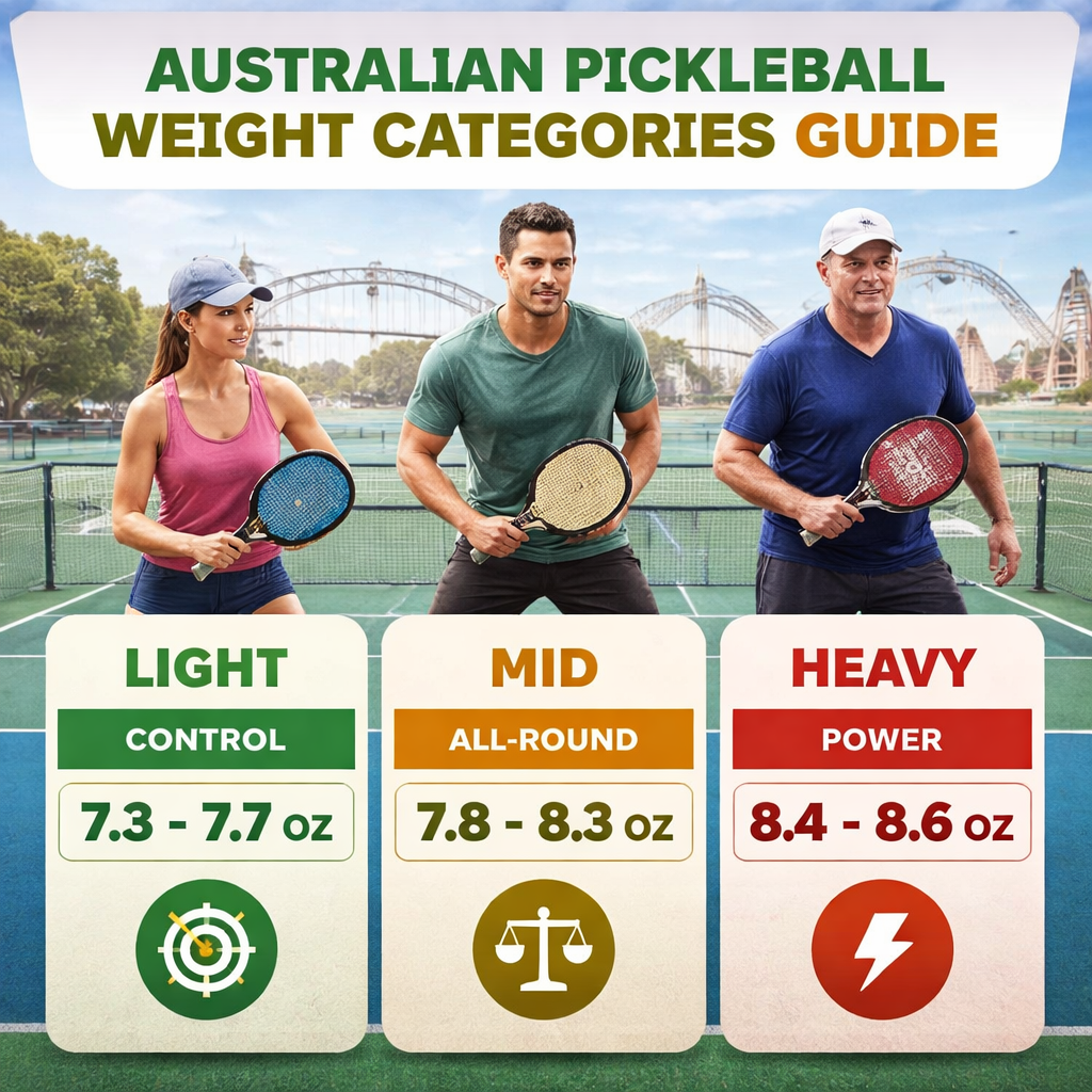 An infographic showing three weight categories (light, mid, heavy) with icons of Aussie players in each style, highlighting the ideal ounces for power, control, and all‑round play. Alt: Australian pickleball weight categories guide