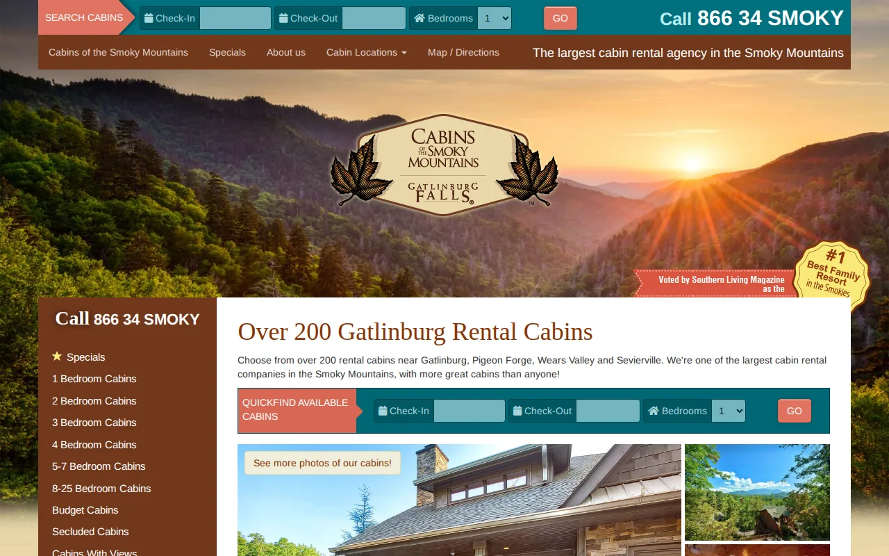 Screenshot of the Cabins of the Smoky Mountains website