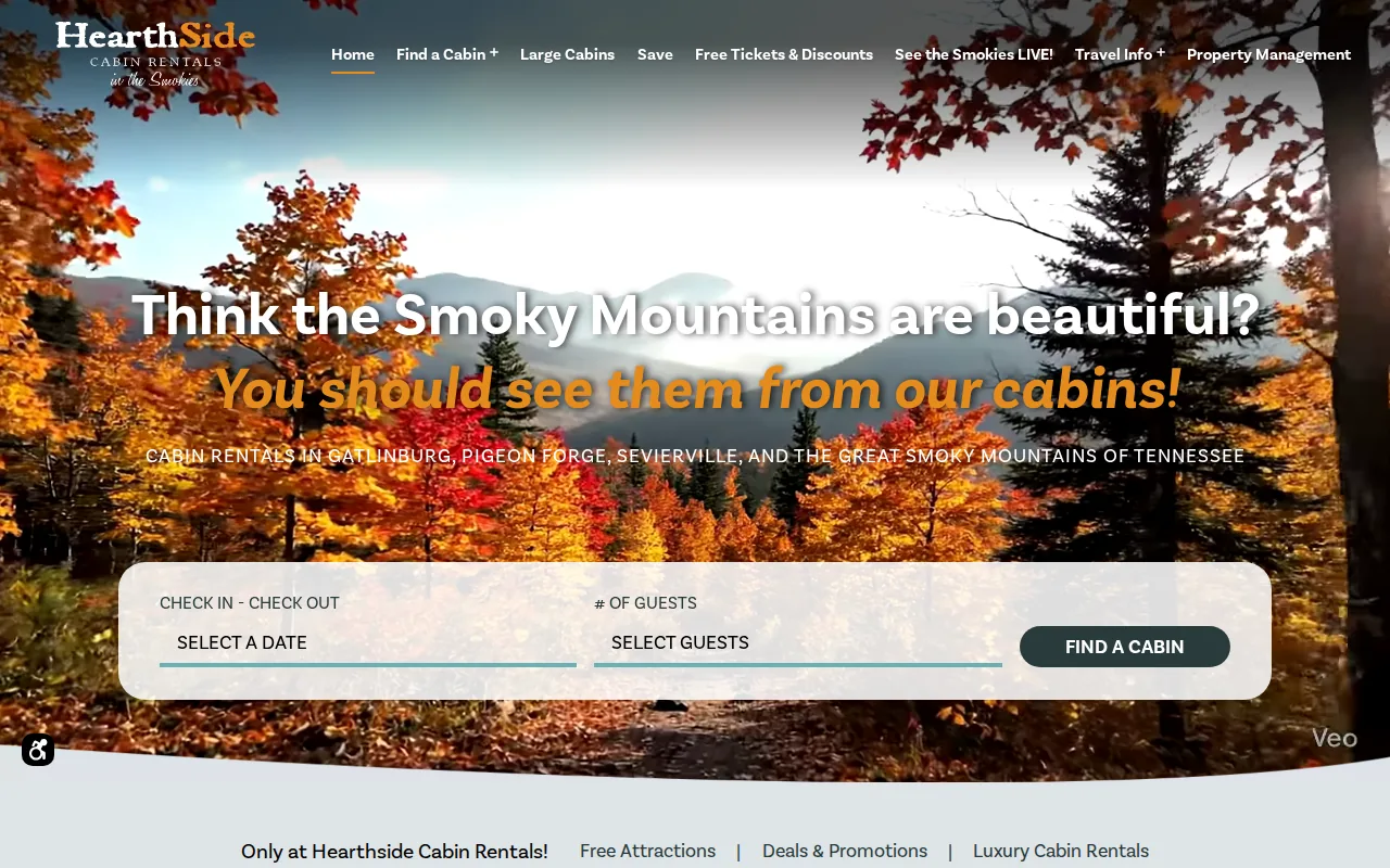 Screenshot of the Hearthside Cabin Rentals website