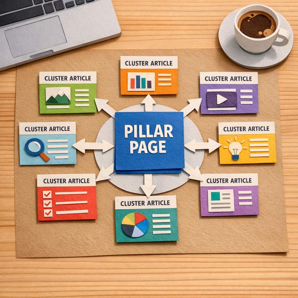 A Papercraft illustration of a hub‑and‑spoke diagram showing a central pillar page surrounded by multiple cluster articles, each linked with arrows back to the hub, set on a clean desk with a laptop and coffee cup. Alt: Pillar page examples diagram in papercraft style.
