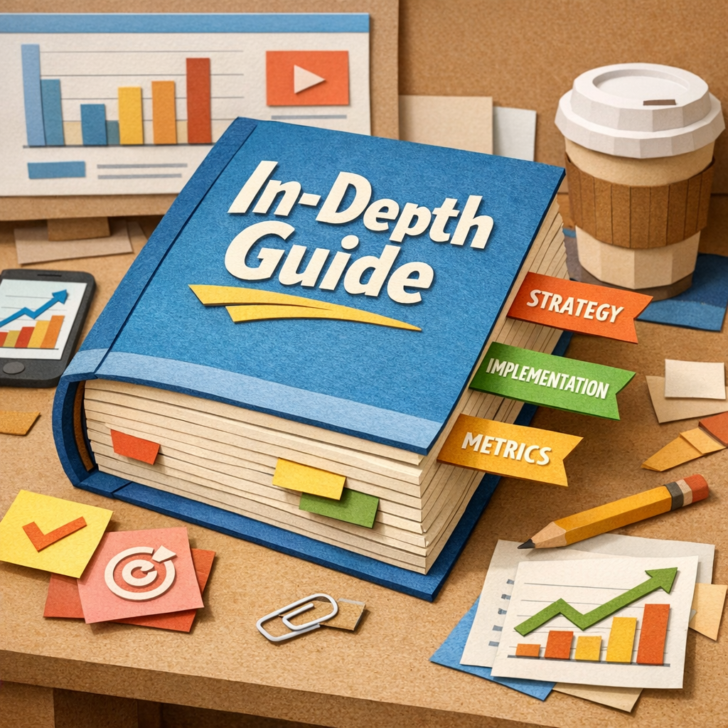 A Papercraft illustration of a thick, bound booklet labeled “In‑Depth Guide” sitting on a desk with sticky tabs pointing to sections like “Strategy”, “Implementation”, “Metrics”, aimed at digital marketers and content creators.