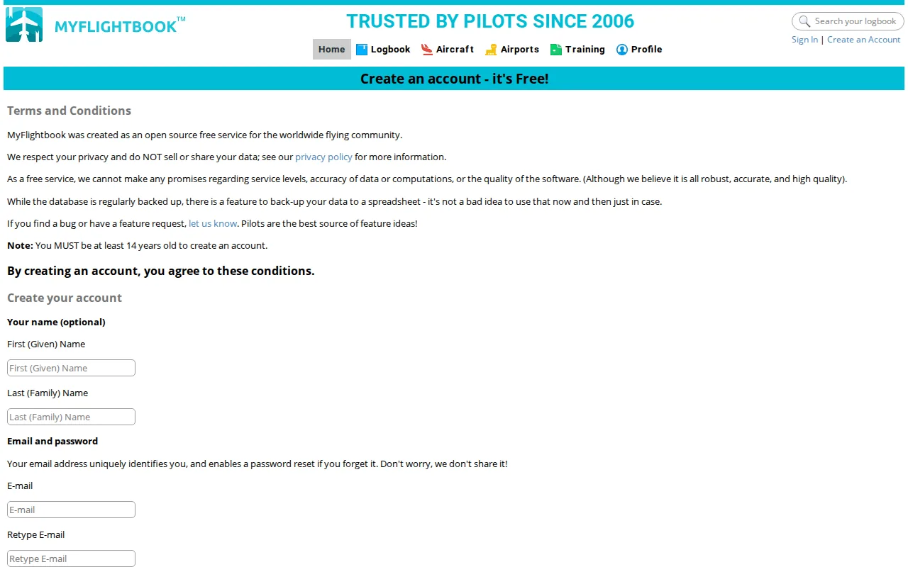 Screenshot of the MyFlightbook website