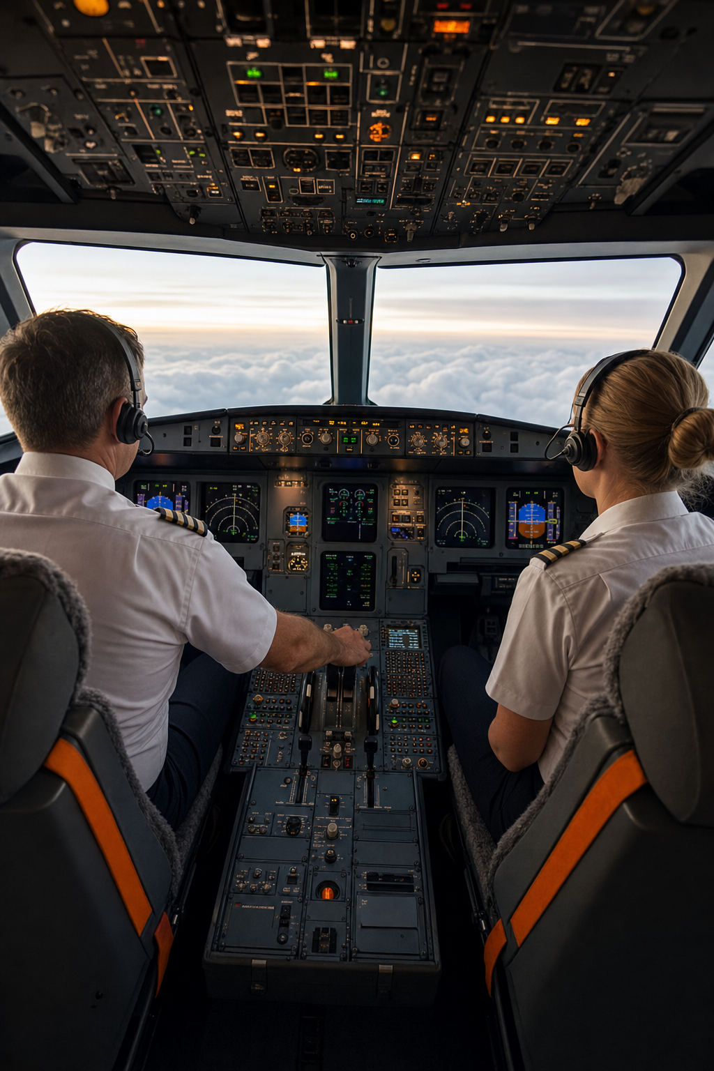 A realistic wide-angle photograph inside a modern commercial airline cockpit during flight, with two pilots in uniform at the controls, instrument panels glowing, clouds visible through the windshield. Alt: airline pilots in cockpit representing aviation industry scholarship career pathways.