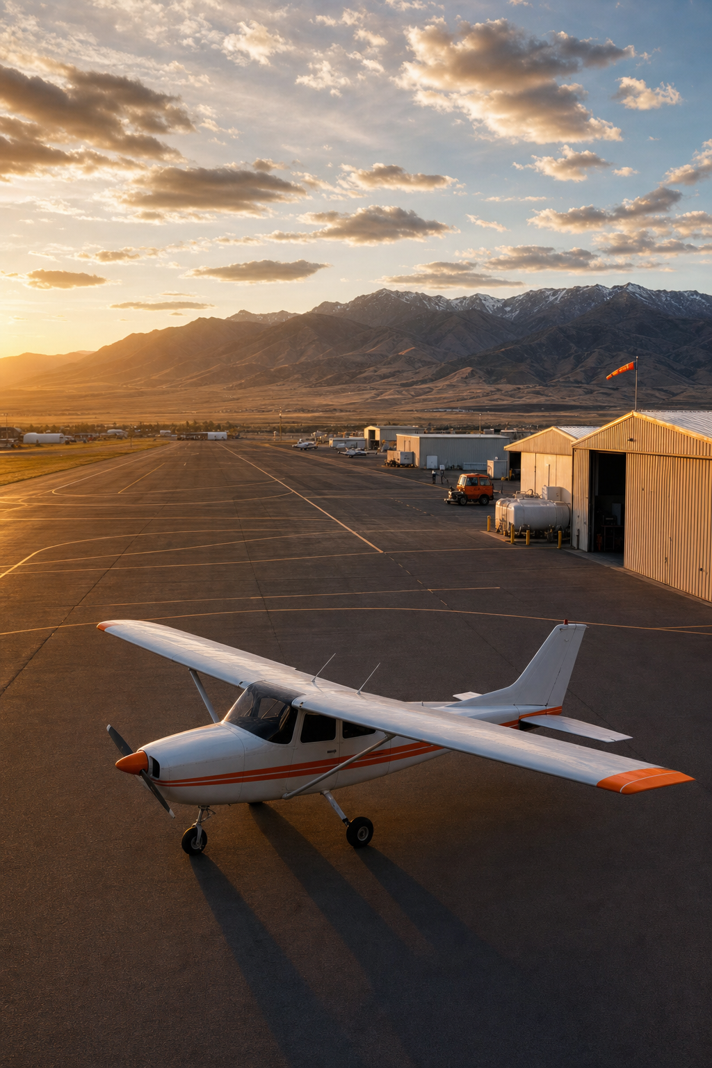 A photorealistic aerial view of a small regional airport in the American West at golden hour, with a single-engine training aircraft on the tarmac and mountains in the background. Alt: regional flight training airport representing state-level pilot scholarship opportunities.