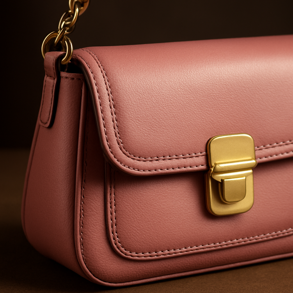A close‑up of a pink designer shoulder bag showcasing buttery full‑grain leather, double‑stitched seams, and polished gold‑tone hardware. Alt: pink designer shoulder bag luxury materials craftsmanship