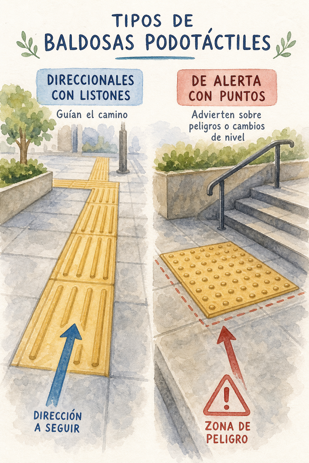 Watercolor illustration showing two types of tactile paving: one with parallel bars (directional) and one with truncated domes (warning), with arrows indicating path and danger zones. Alt: Tipos de baldosas podotáctiles: direccionales con listones y de alerta con puntos.