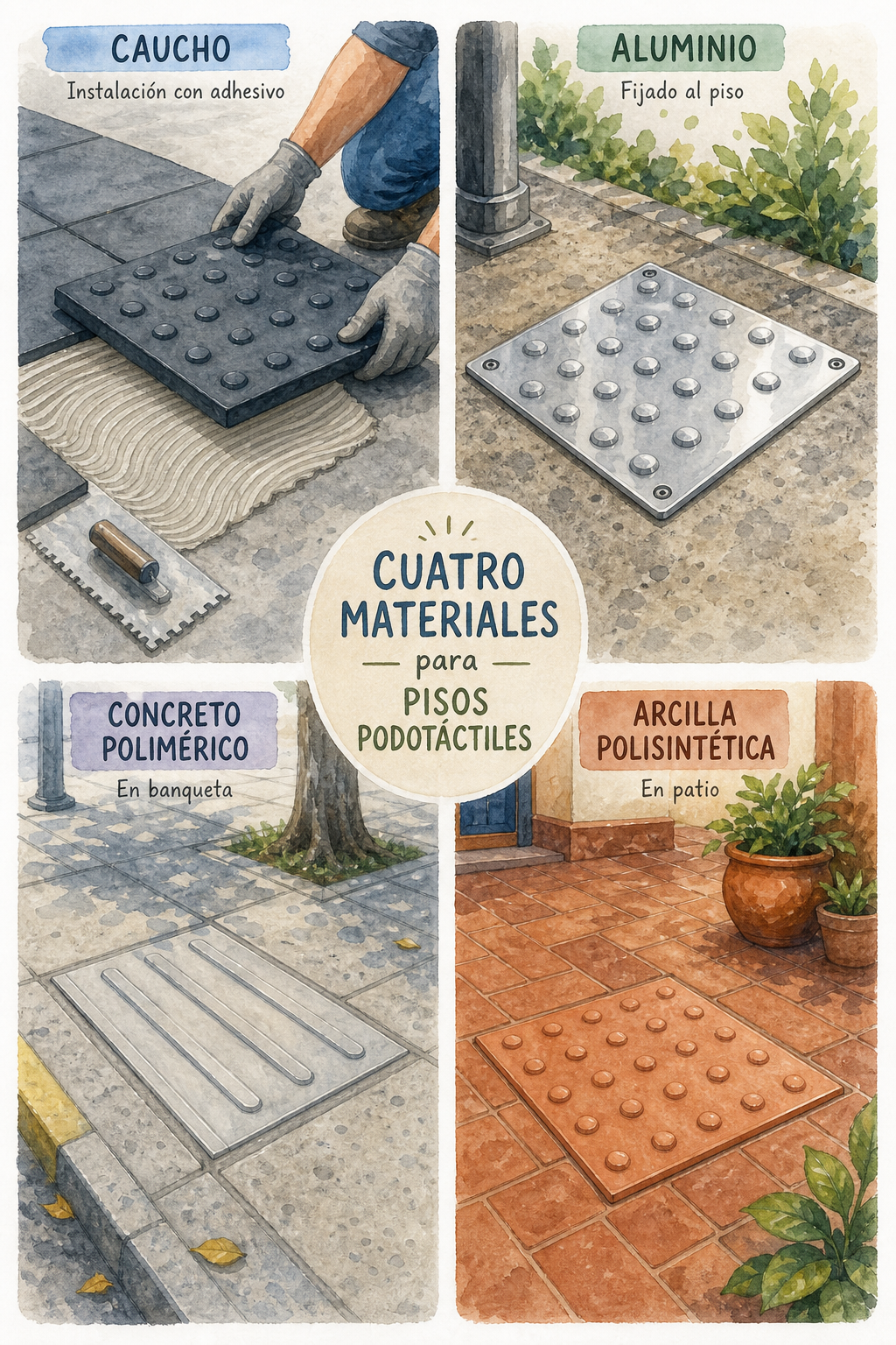 Watercolor scene showing four materials: a rubber tile being installed with adhesive, an aluminum plate fixed to ground, a concrete tile on a sidewalk, and a clay tile in a courtyard. Alt: Cuatro materiales para pisos podotáctiles: caucho, aluminio, concreto polimérico y arcilla polisintética.