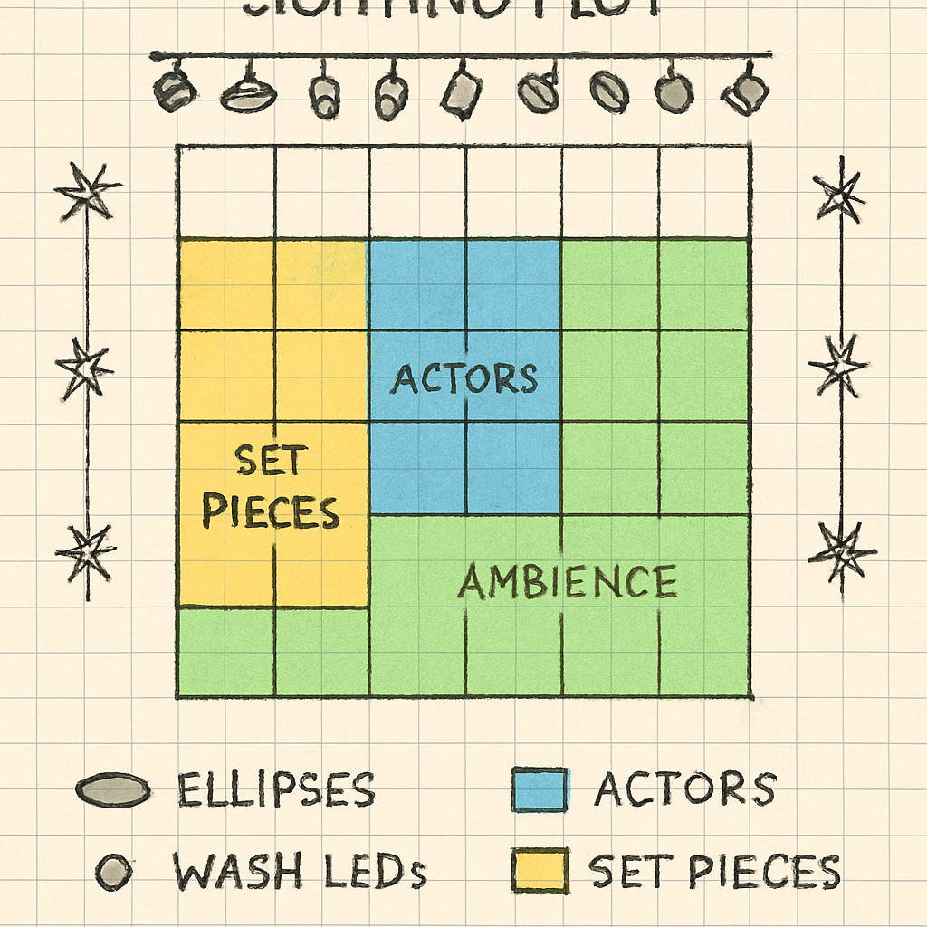 A detailed lighting plot showing ellipses, wash LEDs and effect fixtures positioned on a stage grid, with color-coded zones for actors, set pieces, and ambience. Alt: plan de feu lumière avec différents types de projecteurs