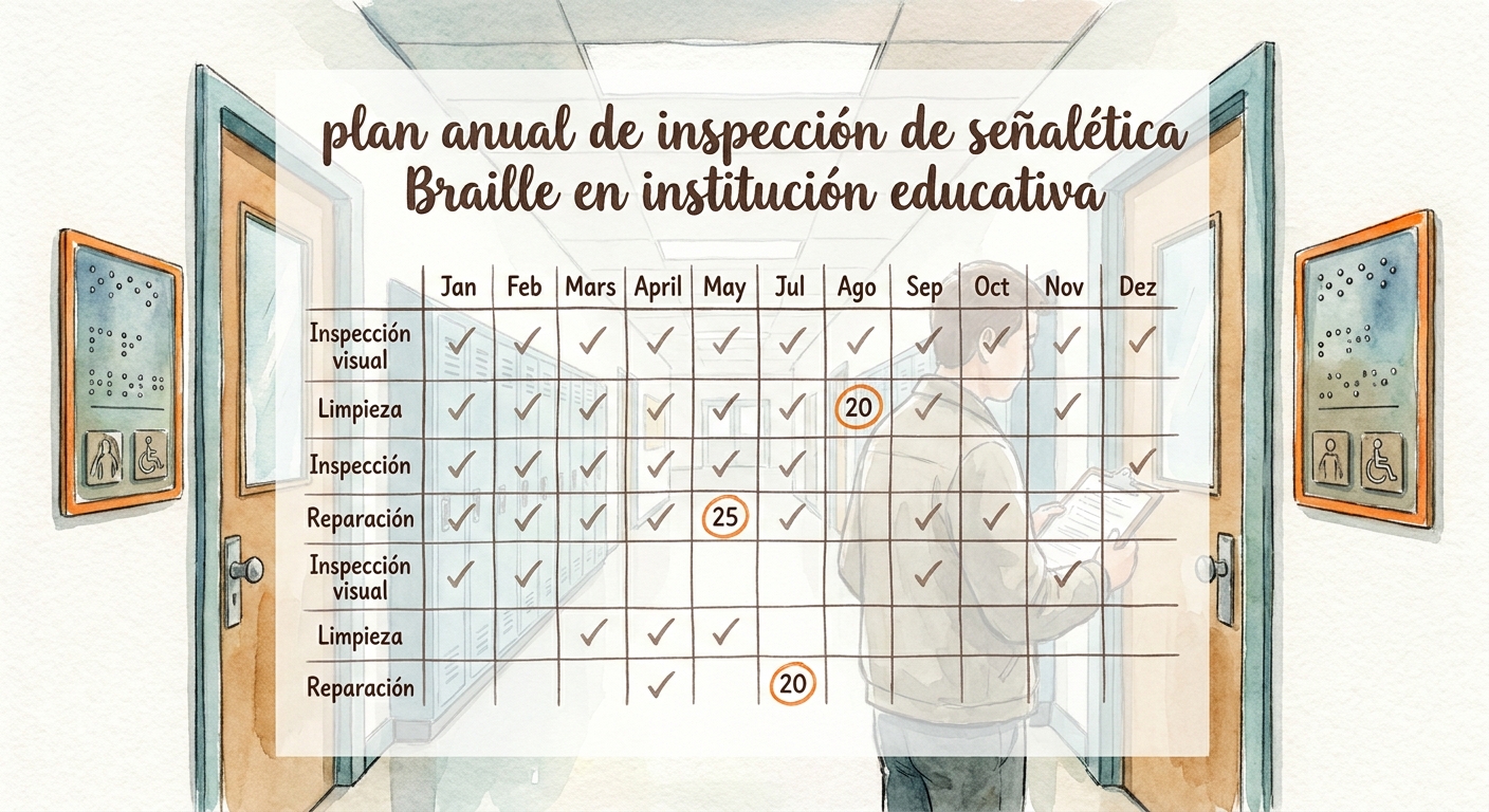 Watercolor illustration of a school hallway with Braille signs at doors, showing a maintenance calendar overlay. Alt: plan anual de inspección de señalética Braille en institución educativa