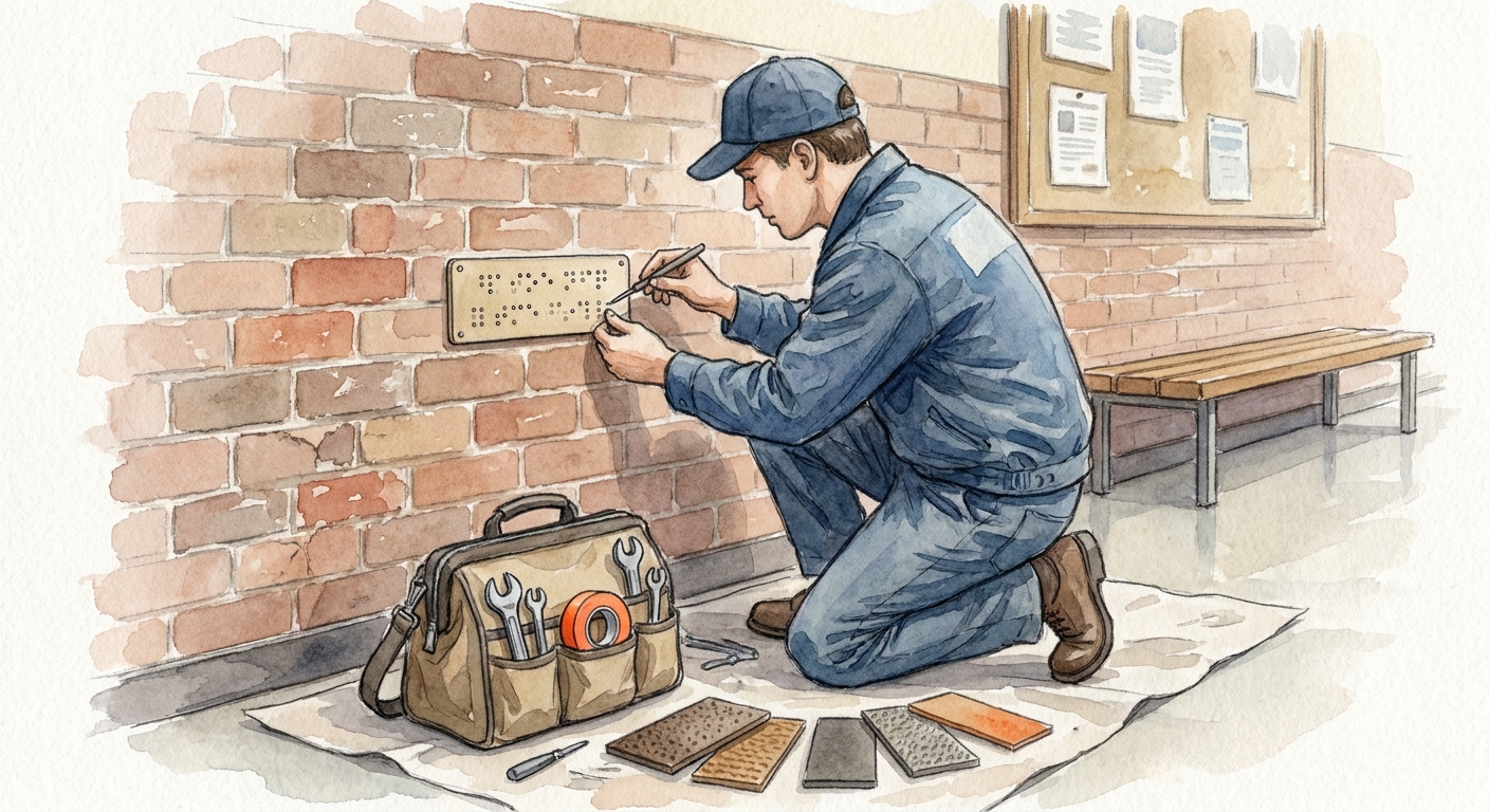Watercolor scene of a technician repairing a Braille sign on a school wall, with tools and material samples. Alt: reparación de señalética Braille en escuela