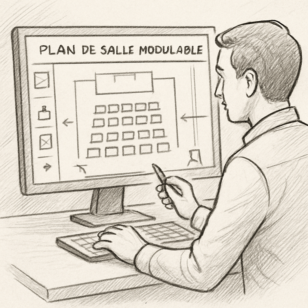 Un technicien en train de dessiner un plan de salle modulable sur un ordinateur, avec des icônes de sièges, scène et issues de secours visibles. Alt: plan de salle modulable logiciel, analyse des besoins, flux de circulation