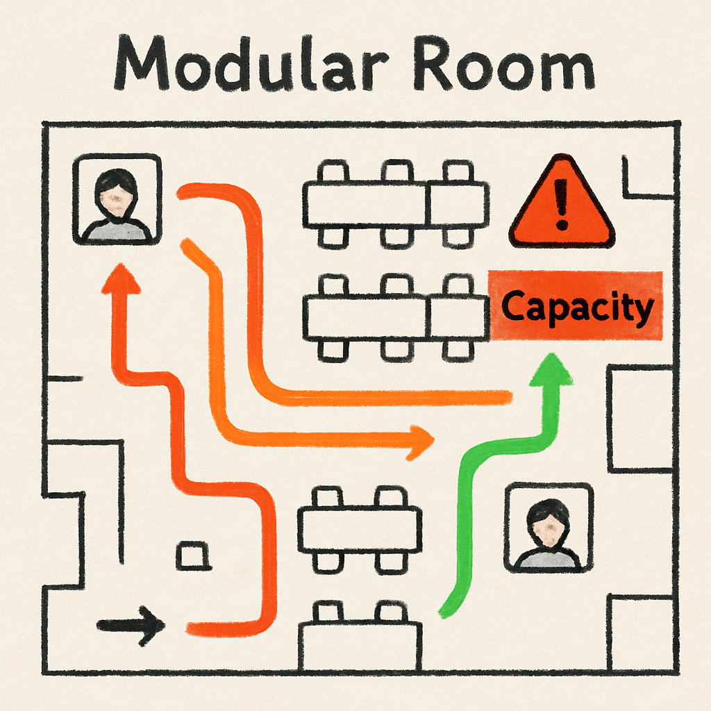 Illustration d’un plan de salle modulable logiciel affichant des flux de foule en couleur, avec des repères photo intégrés et des alertes de capacité. Alt: plan de salle modulable logiciel avec simulation de circulation et annotations de sécurité