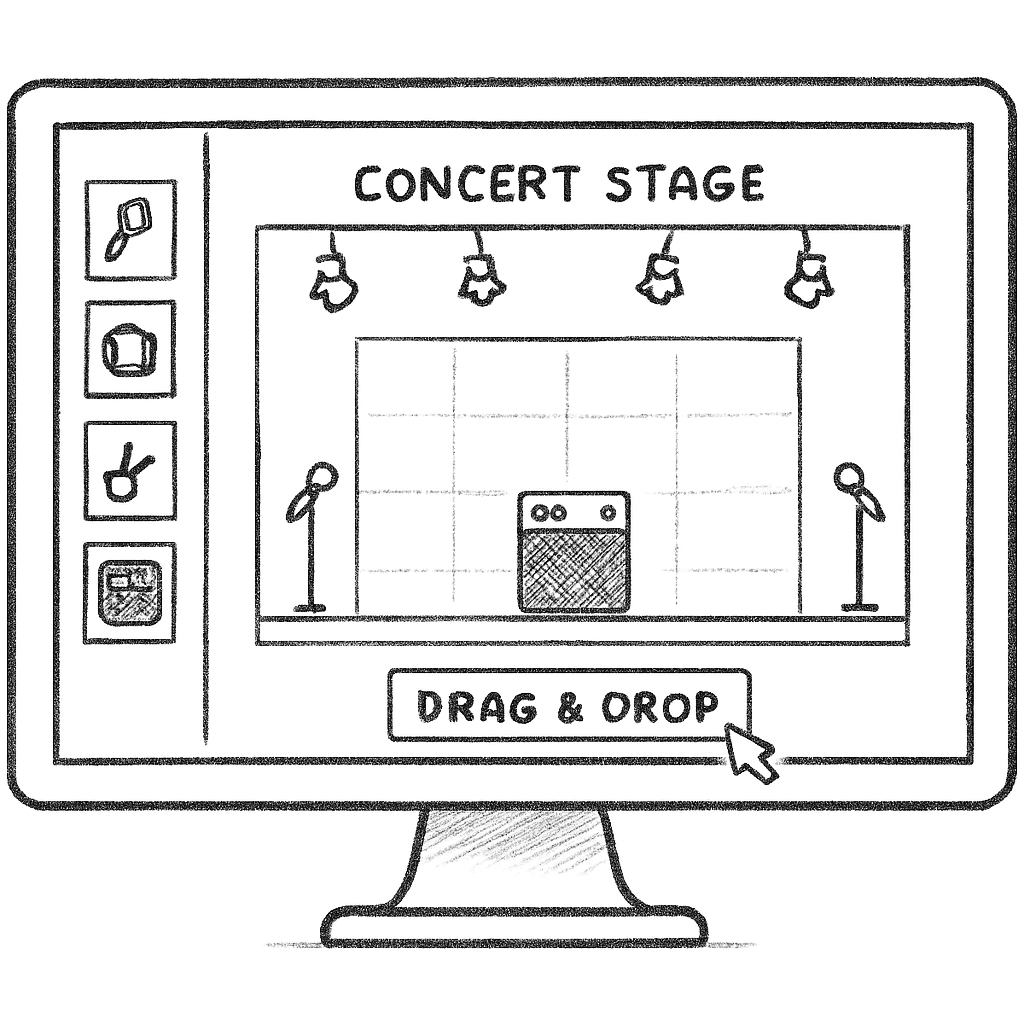 A modern concert stage layout on a computer screen, with drag‑and‑drop icons for microphones, amps, and lights. Alt: plan de scène logiciel gratuit visualisation sur écran d’ordinateur.