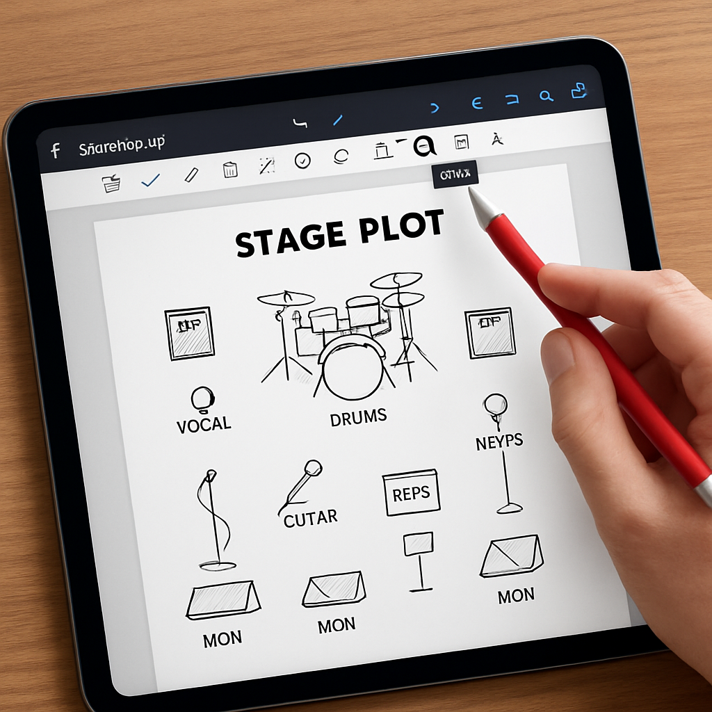 A stage plot on a tablet screen, highlighting PDF editing tools. Alt: plan de scène pdf édition sur tablette