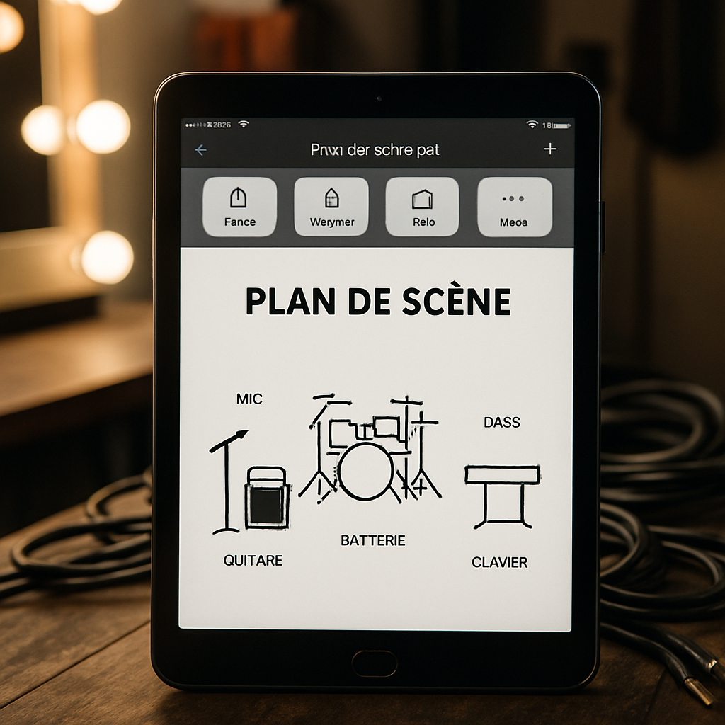 Vue d'une tablette affichant un plan de scène PDF prêt à partager, sur fond de loges et câbles. Alt: plan de scène pdf sur tablette avec options de partage et sauvegarde.