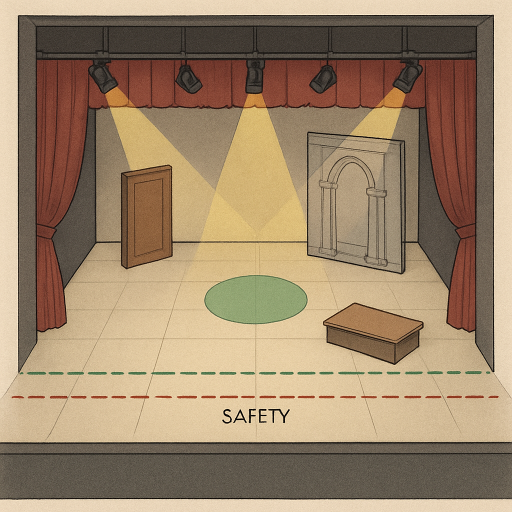 Une représentation détaillée d'un plan d'implantation scène théâtre 2D, montrant les zones d'éclairage, les repères de sécurité et les décors. Alt: plan d'implantation scène théâtre 2D détaillé