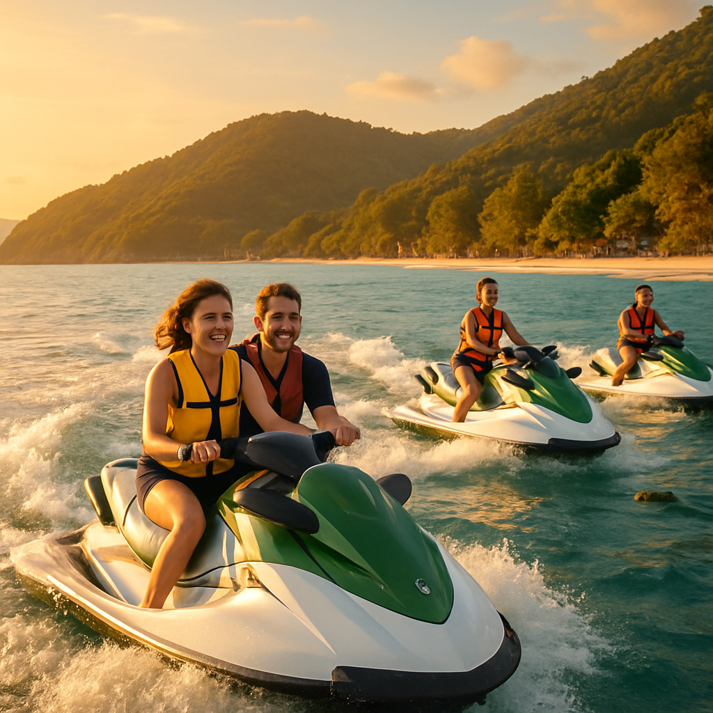 A group of happy tourists riding jet skis along Phuket's golden coastline in the late afternoon sunlight. Alt: Afternoon jet ski tour Phuket with stunning coastal views in golden light.