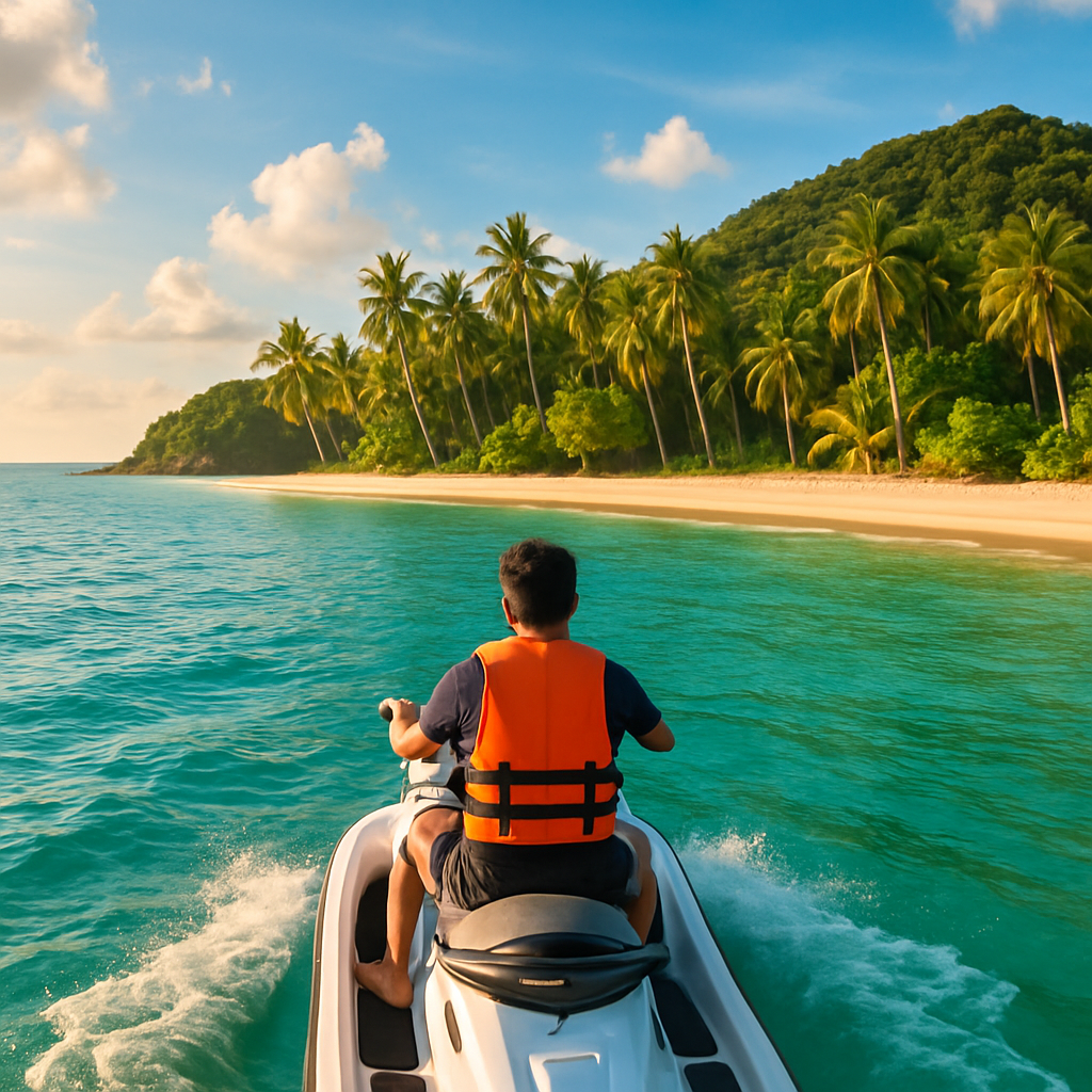A vibrant scenic view of a jet ski rider approaching a lush, quiet island beach in Phuket during late afternoon, with turquoise waters and palm trees. Alt: Afternoon jet ski tour Phuket visiting a scenic quiet island beach.