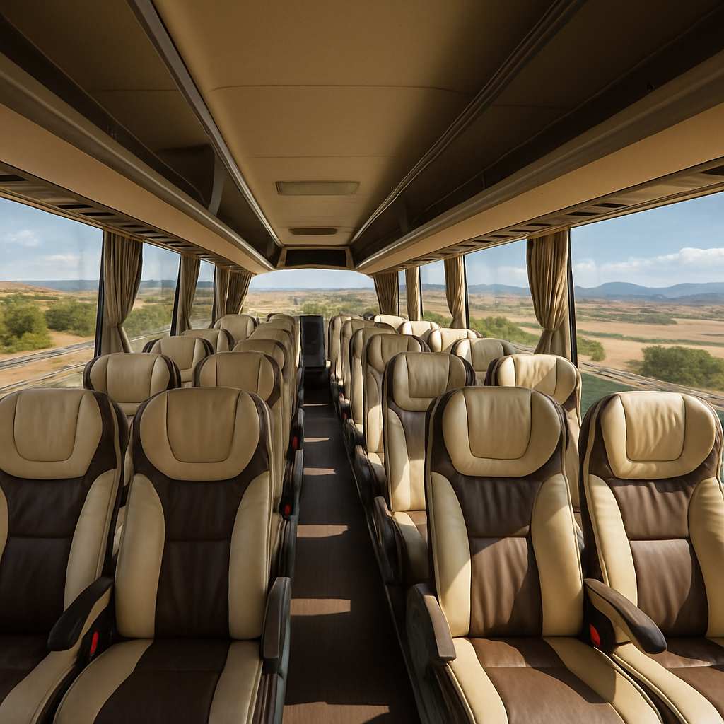 A spacious, well-appointed luxury coach interior with comfortable seats, large windows revealing scenic terrain between Madrid and Segovia. Alt: Comfortable luxury coach interior showing spacious seats and scenic views on Madrid to Segovia guided day trip.