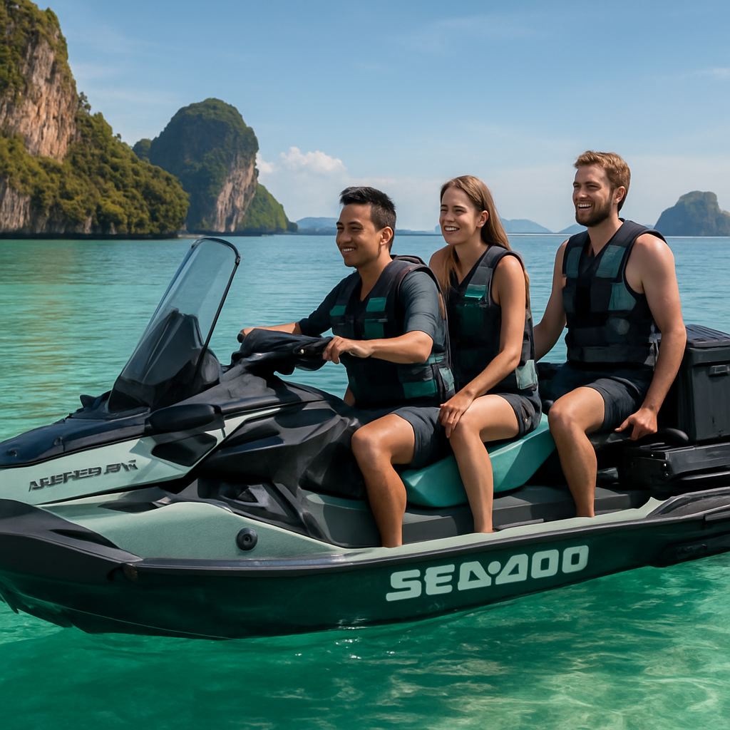 A group of friends enjoying a Sea Doo Explorer Pro on crystal-clear waters during a scenic tour. Alt: Sea Doo Explorer Pro touring model on turquoise water for sea doo tour in Phuket.