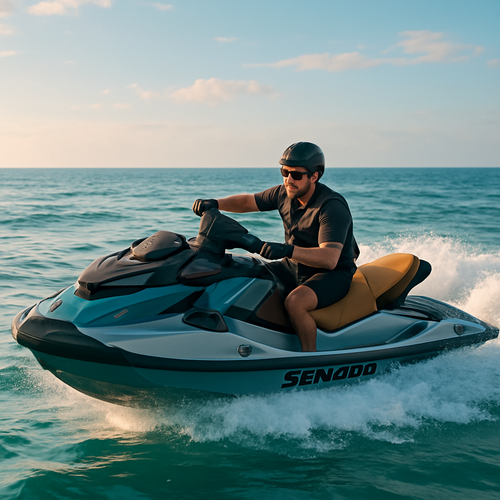 A Sea Doo touring watercraft skimming over gentle ocean waves with a rider confidently leaning into a turn, illustrating control and comfort. Alt: Rider practicing techniques and best practices on a Sea Doo during a scenic water tour.
