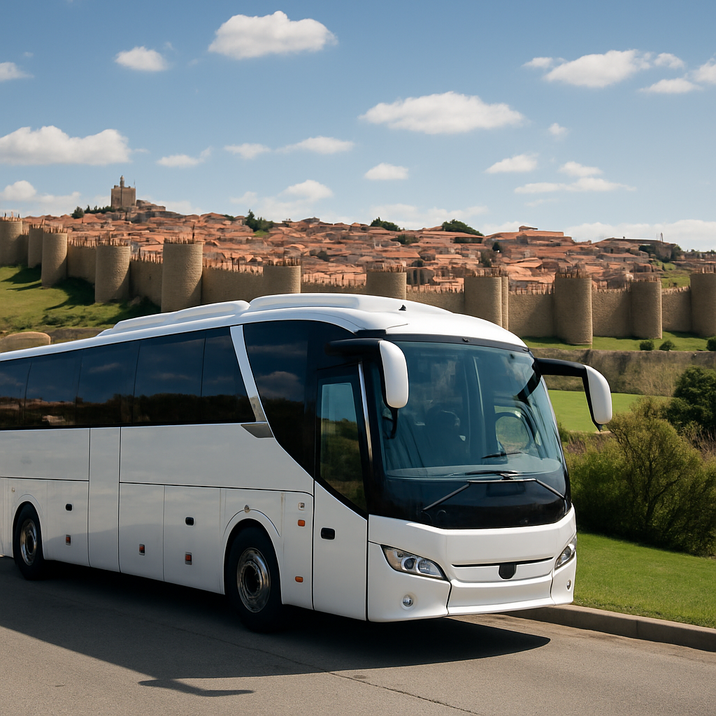 A modern luxury private coach parked with panoramic views of Ávila’s historic city walls in the background. Alt: Private coach hire Madrid to Ávila day trip showcasing comfortable coach service with historic Ávila city walls.