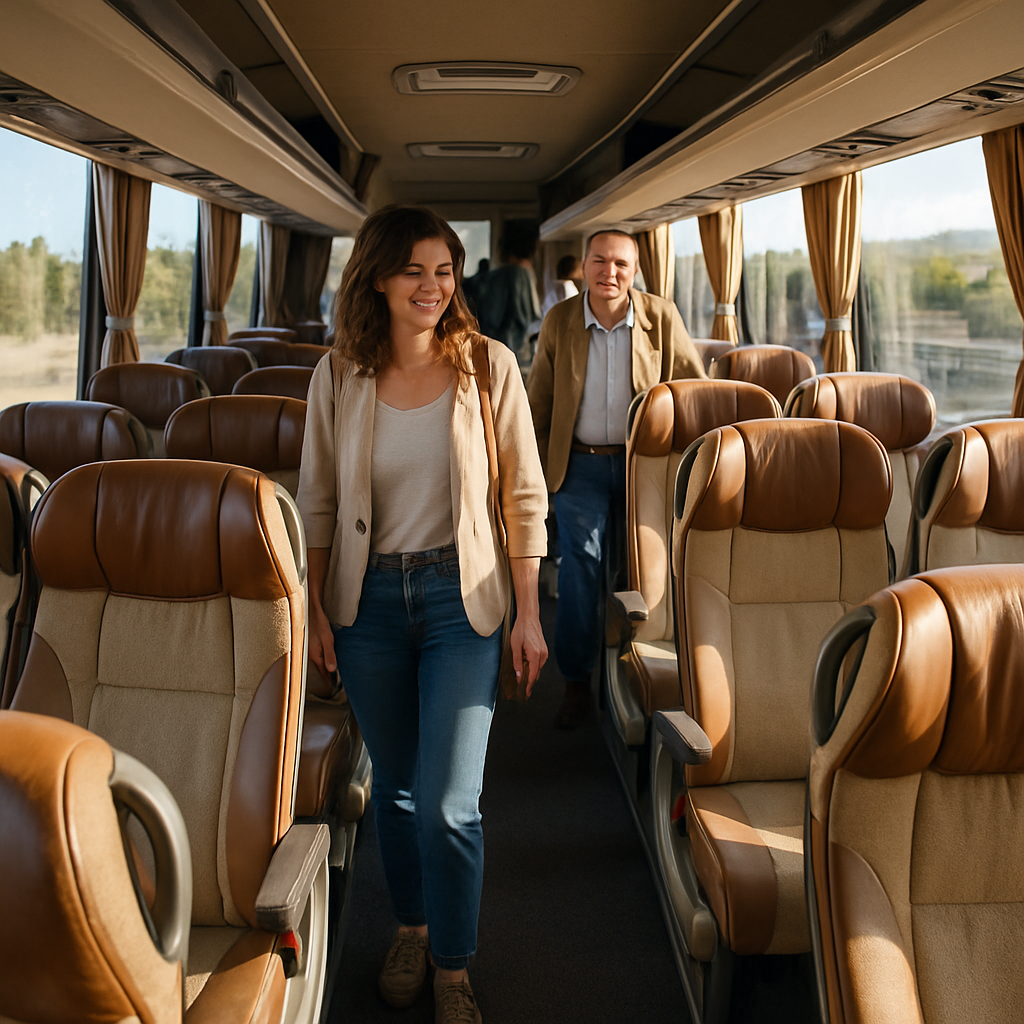 A cozy private coach interior showing comfortable seating with passengers boarding, sunlit through windows; Alt: Comfortable private coach seating for day trip from Madrid to Ávila.