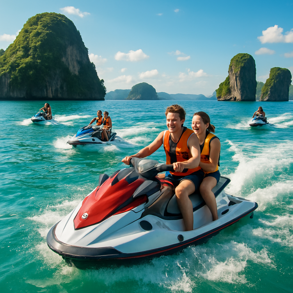 A vibrant scene of a private jet ski tour in Phuket with turquoise water, islands in the background, and a group enjoying sun-dappled waves. Alt: Private jet ski tour Phuket with clear blue waters and island scenery.