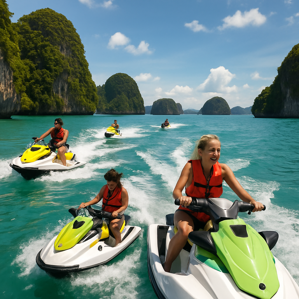 A dynamic scene showing a private jet ski tour exploring turquoise waters around Phuket’s islands, with riders enjoying sun and sea. Alt: Private jet ski tour Phuket with riders exploring multiple islands.