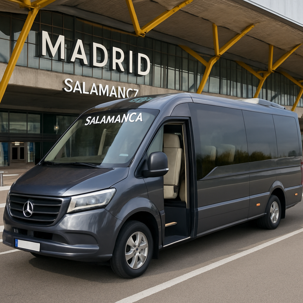 A comfortable modern minibus parked at Madrid airport driveway, ready for a group day trip to Salamanca. Alt: Salamanca day trip minibus hire from Madrid airport with luxury vehicle ready for passengers.