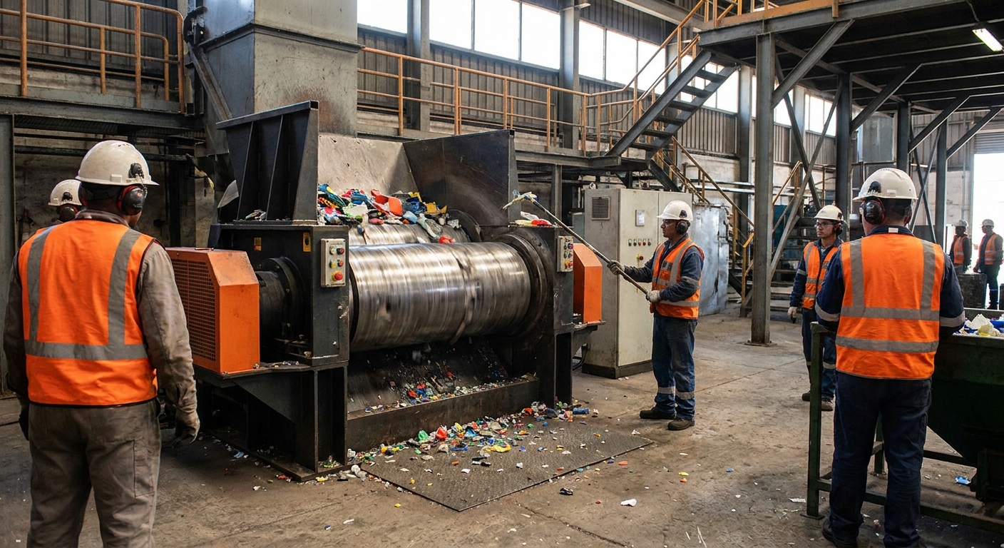 A photorealistic industrial plant floor with a large two‑roll plastic crusher in operation, metal structure, visible rotating rollers, and workers in safety gear.