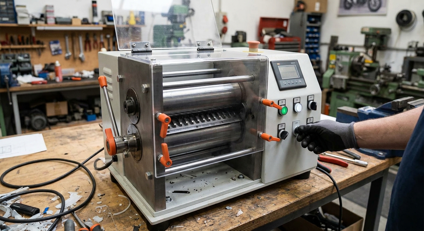 Close‑up of a compact twin‑roll plastic crusher on a workshop bench, showing the rollers, blade set, and control panel, with a technician adjusting settings.