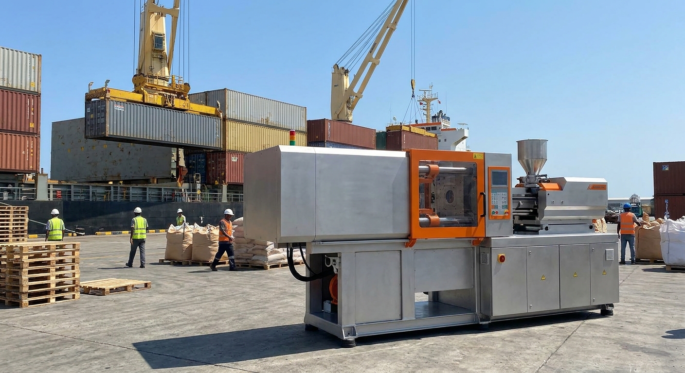 A realistic view of a modern export‑ready plastic dana machine on a dock, containers in the background, cranes loading, bright sky. Alt: export‑ready plastic dana machine