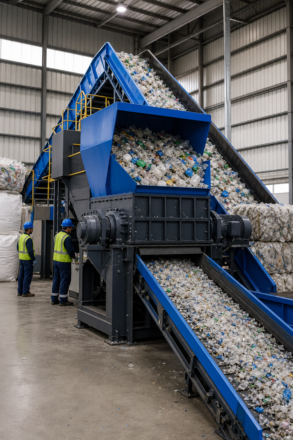 A realistic photo of a plastic recycling plant floor with a large industrial shredder and conveyor belt, showing plastic waste being fed into the machine. The environment is clean and well-lit, with workers in safety gear nearby. Alt: Plastic recycling shredder and conveyor in a recycling plant.
