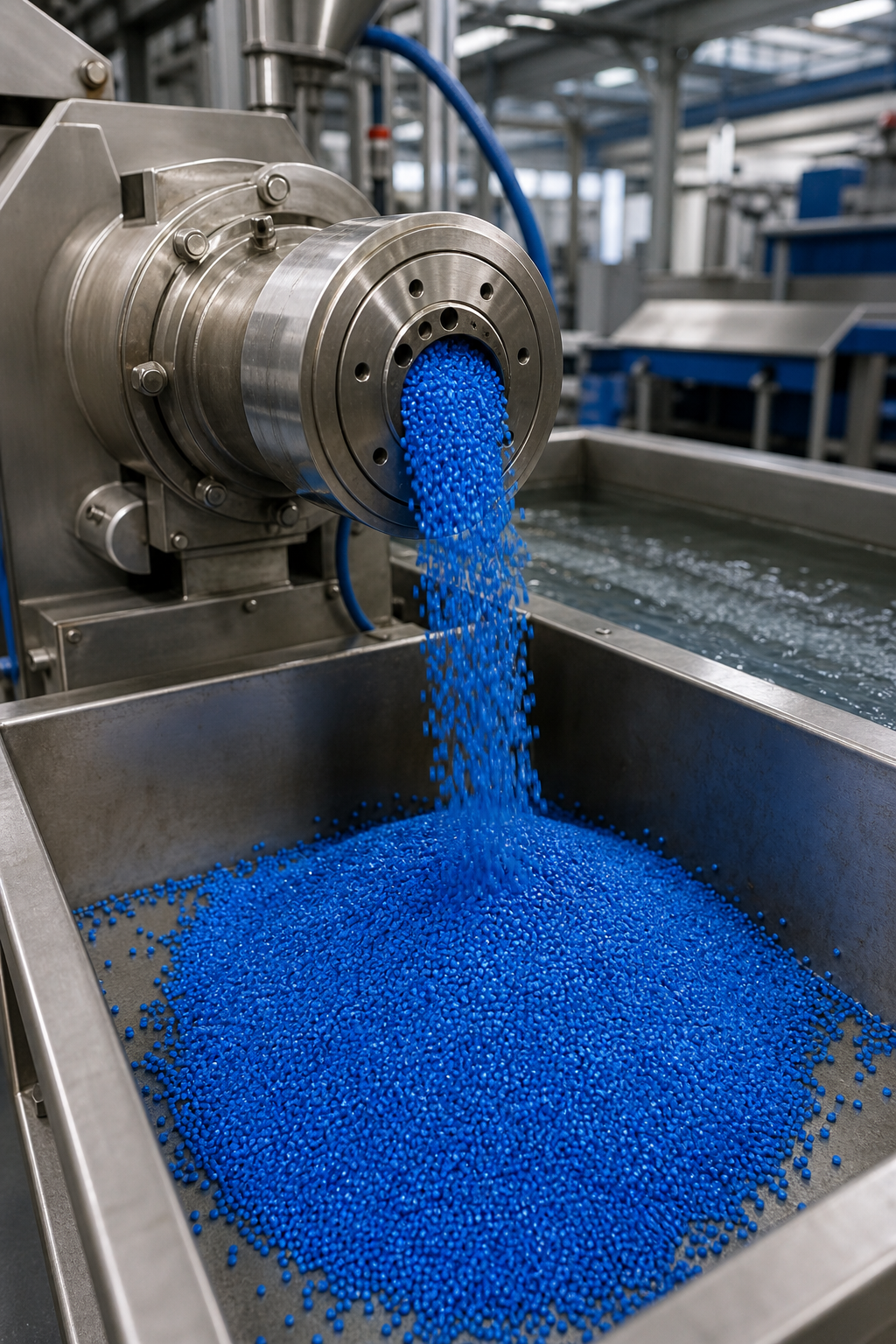 A realistic photo of a pelletizing line inside a factory, with bright blue recycled plastic pellets falling into a container. The machine is metallic and clean, with cooling water in the background. Alt: Recycled plastic pellets being produced by a granulator machine.