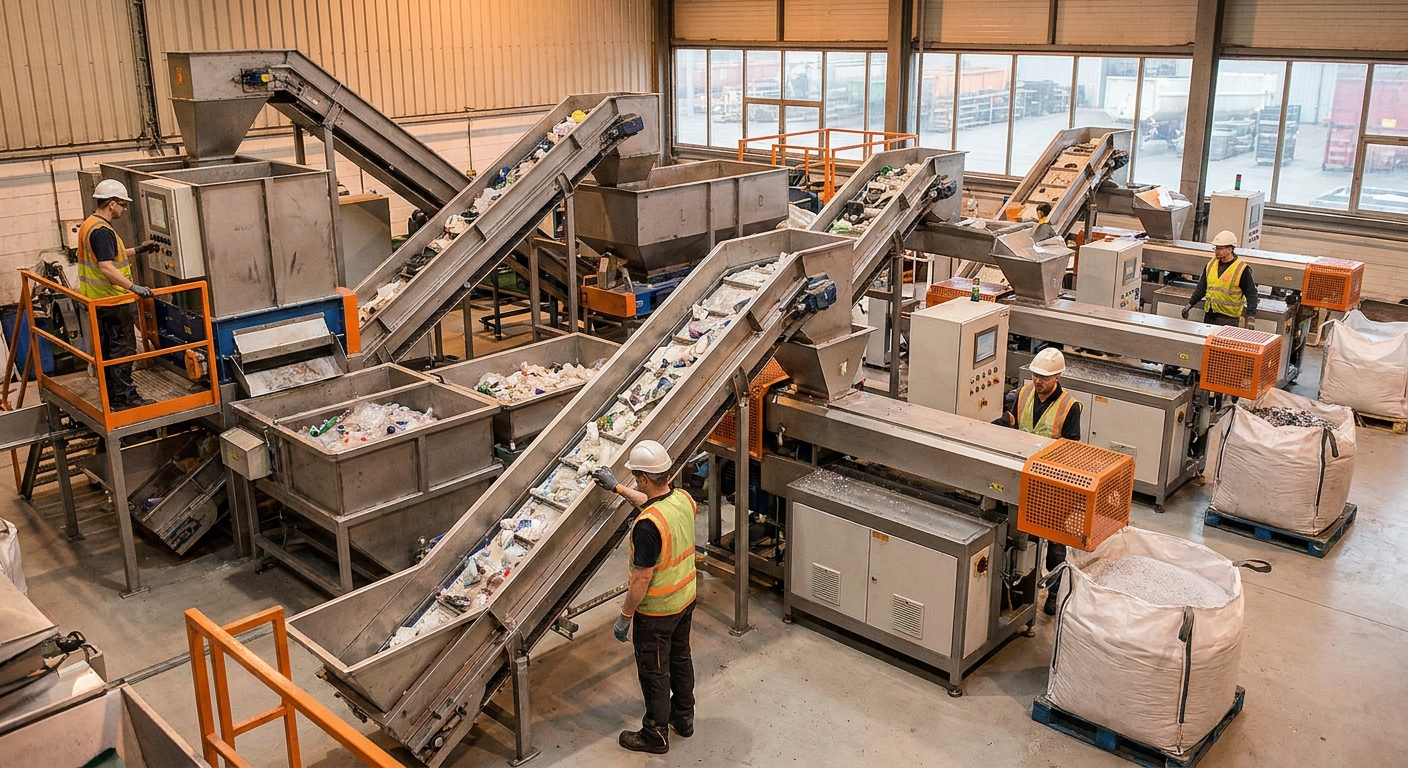 A realistic industrial plant showing a large plastic recycling line with conveyors, shredders, and pelletizers, ambient lighting, workers in safety gear, clean metal surfaces. Alt: plastic recycling line equipment in operation.