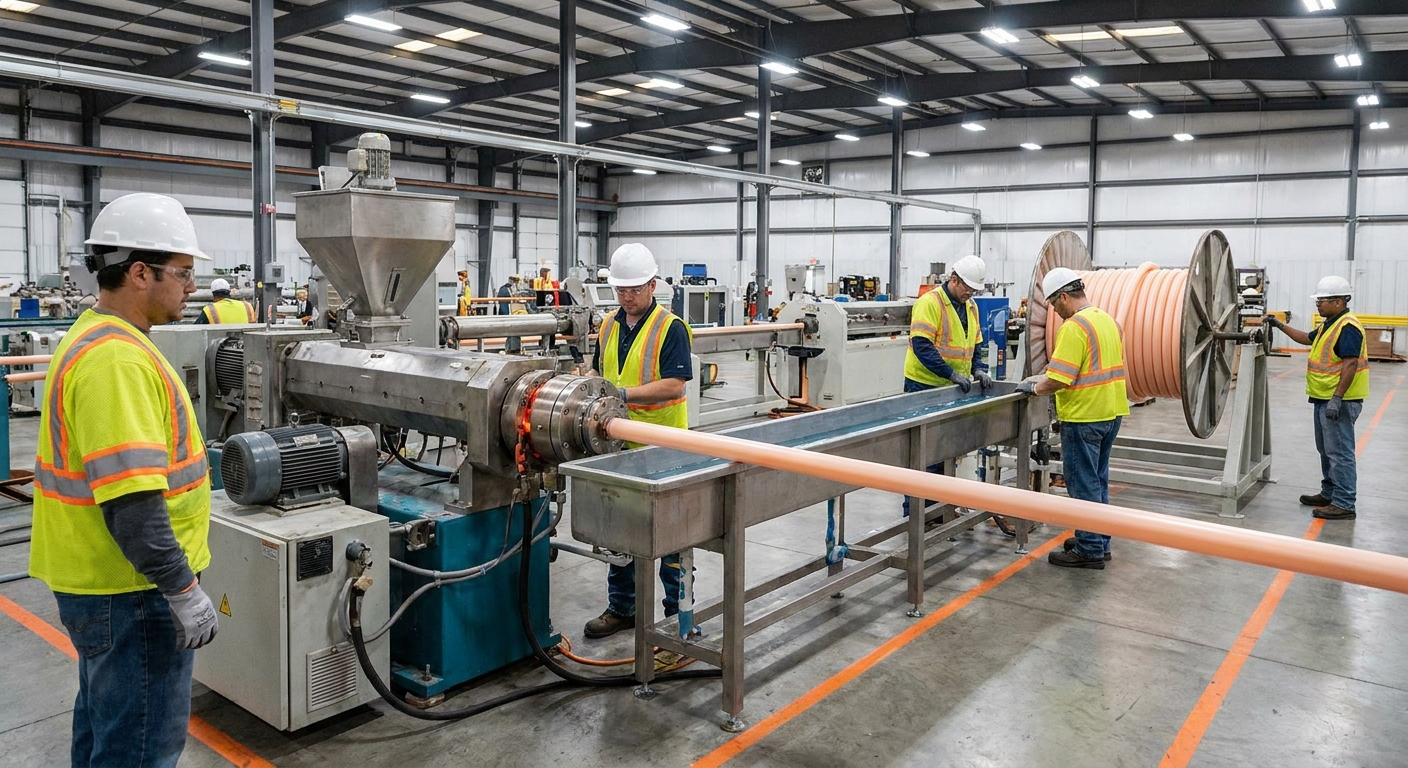 A realistic view of a PVC extrusion line with a twin‑screw extruder, die head, and cooled pipe winding, workers in safety gear, bright industrial lighting. Alt: PVC pipe extrusion equipment in a manufacturing plant.