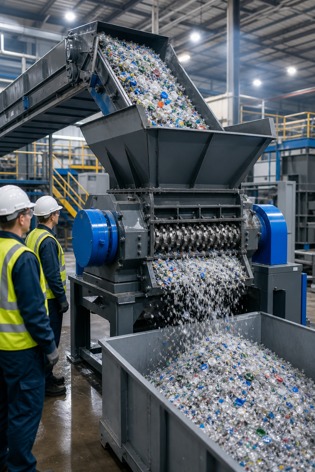 A photorealistic industrial scene showing a large twin-shaft plastic shredder machine in operation inside a recycling plant, with shredded plastic flakes falling into a collection bin below, workers in safety gear observing, bright overhead lighting, and a clean factory floor visible in the background. Alt: twin shaft plastic shredder machine in industrial recycling plant.