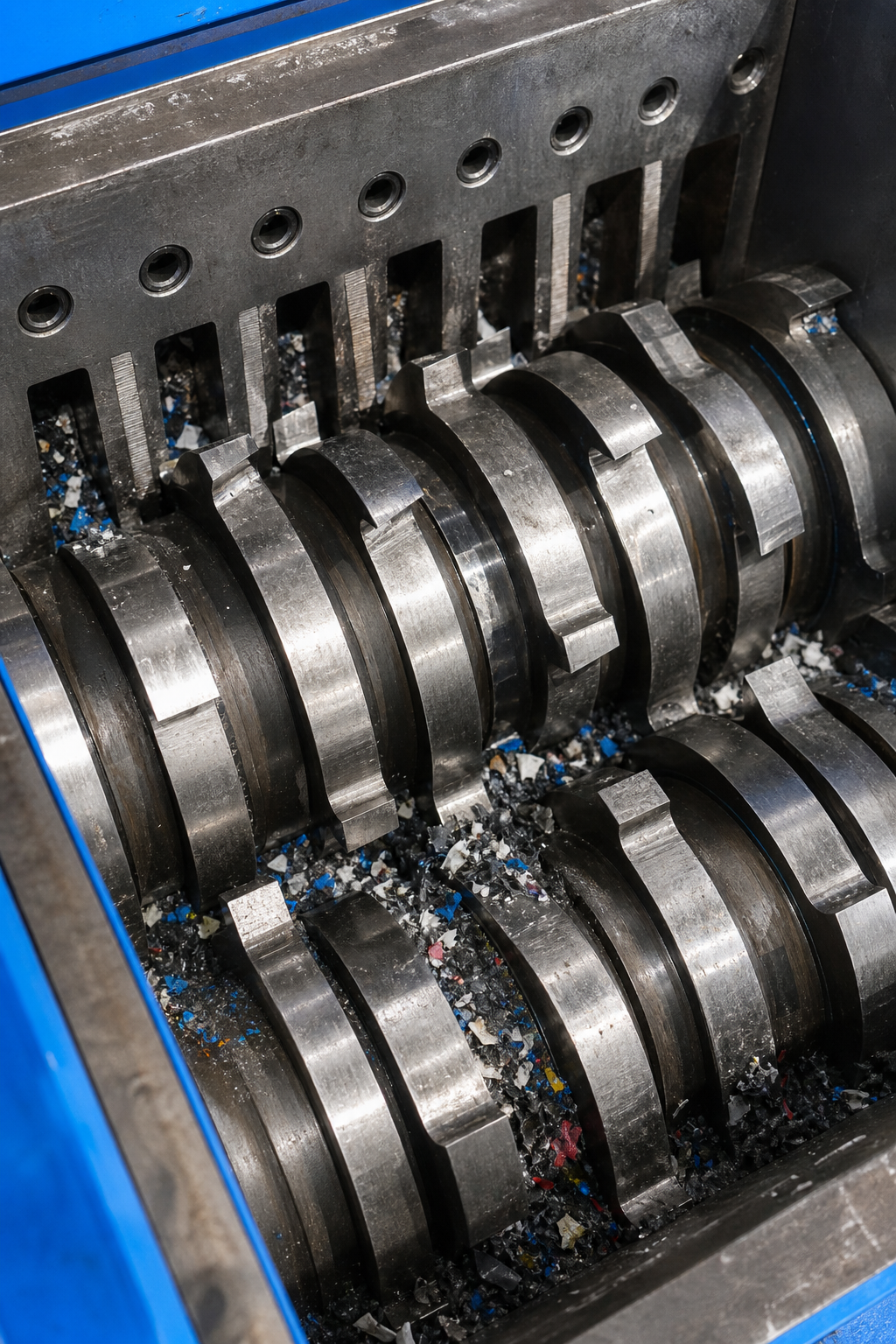 A close-up realism photograph of a plastic shredder machine's cutting chamber with hardened steel blades and a rotor shaft visible, showing the precision engineering of the blade assembly, with plastic fragments visible around the blades. Alt: plastic shredder machine blade and rotor shaft specifications close-up.