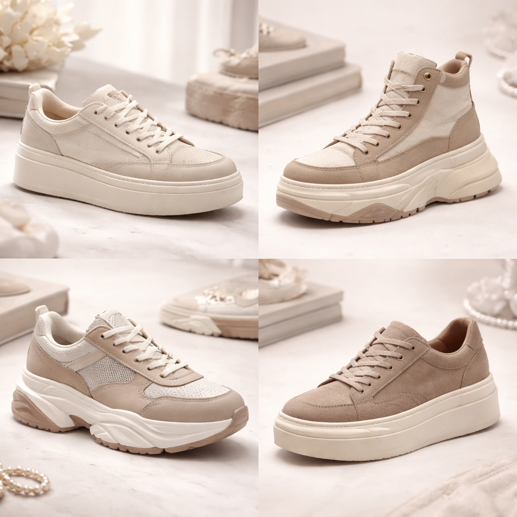 A photorealistic collage showing four different platform sneaker silhouettes for women ,  low‑profile, high‑top chunky, sporty runner, and suede dressy. Alt: variety of platform sneaker styles for women