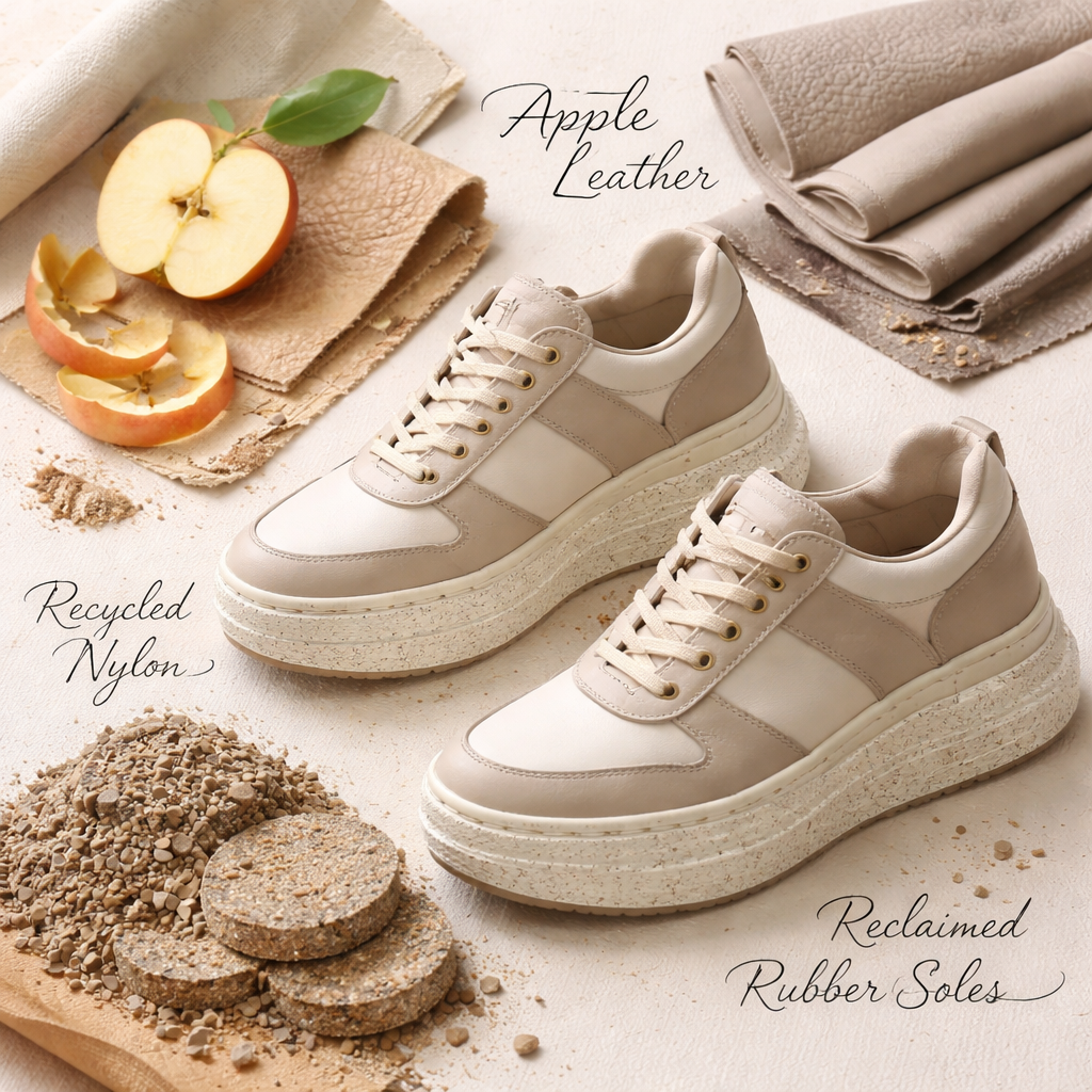 A realistic illustration of sustainable sneaker materials ,  apple leather, recycled nylon, reclaimed rubber soles. Alt: eco‑friendly materials used in platform sneakers for women