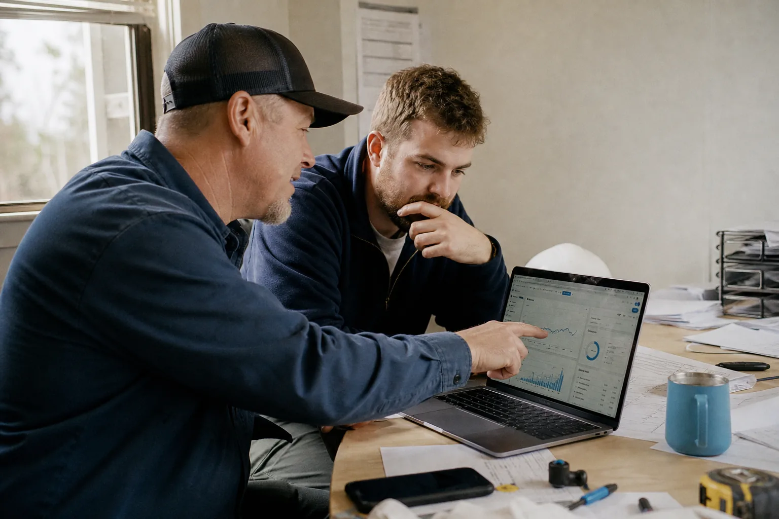 Plumber SEO: More Calls From Google and AI 1 Plumbing team checking website performance on a laptop