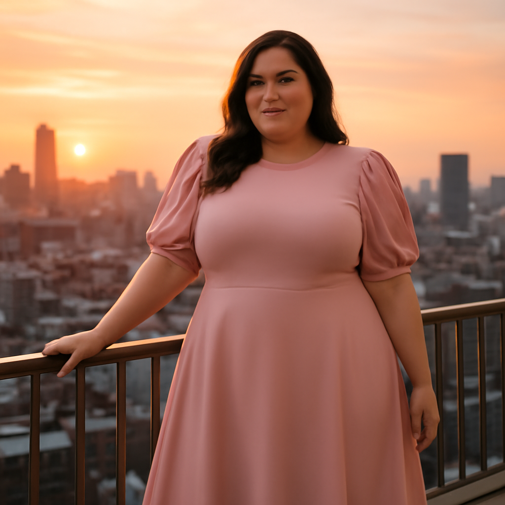 A woman in a blush A‑line dress with puff sleeves stands on a balcony overlooking a city skyline at sunset. The dress has a gentle flare at the hips, and the sleeves puff softly at the elbow. Alt: Plus‑size evening dress with puff sleeves in a sunset setting.