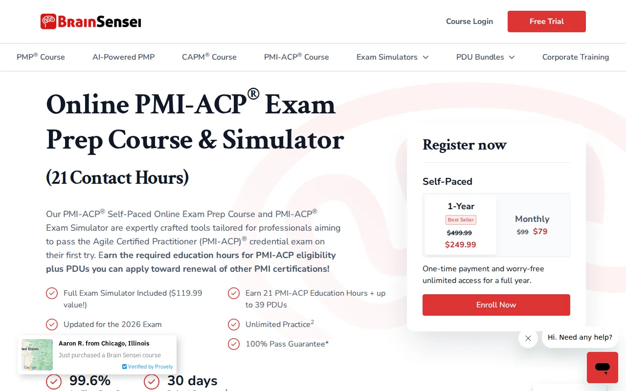 Screenshot of the Brain Sensei PMI-ACP Exam Prep Course website