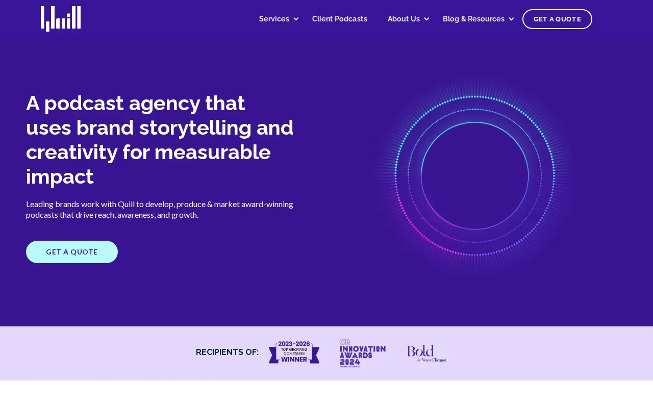 Screenshot of the Quill Podcast Agency website