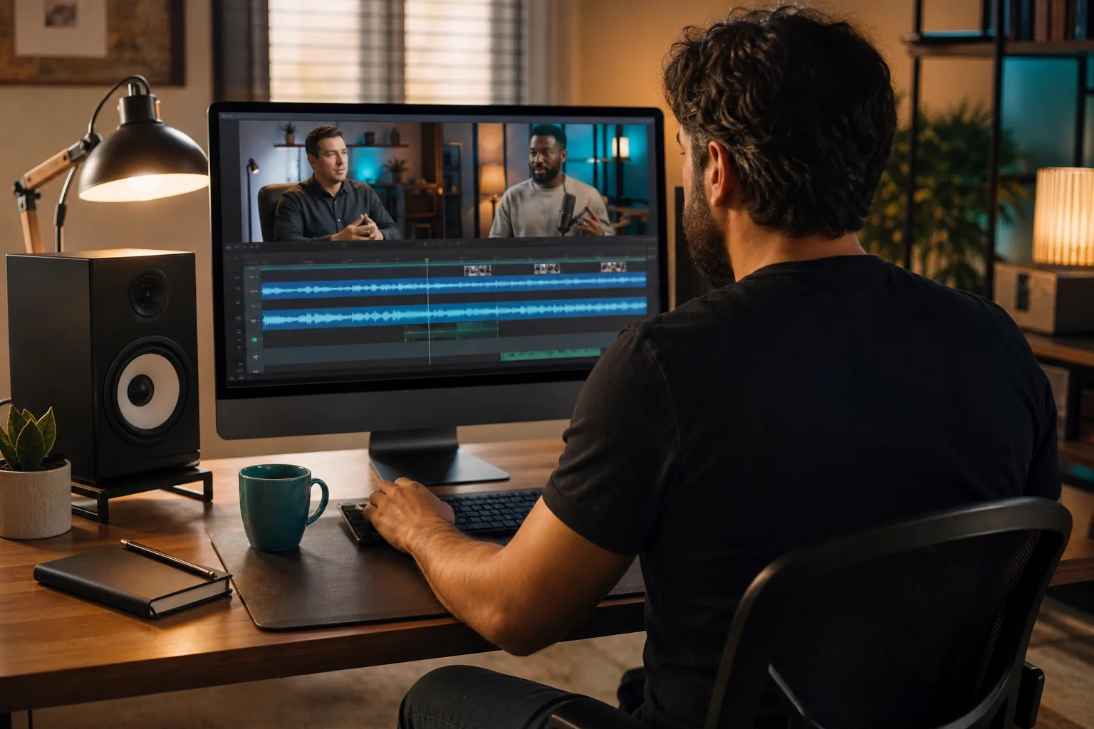 Podcast editor syncing guest audio with video tracks on a timeline.