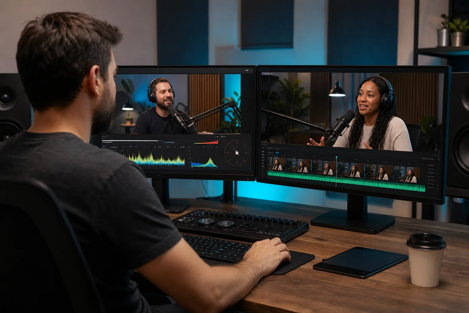 Matching podcast camera color and guest name graphics during video editing.