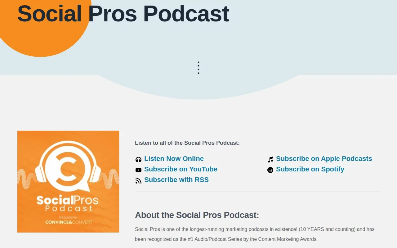 Screenshot of the Social Pros Podcast by Convince & Convert website